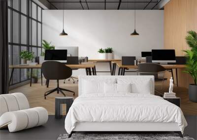 Modern Office with Desks, Chairs, and Urban View Wall mural