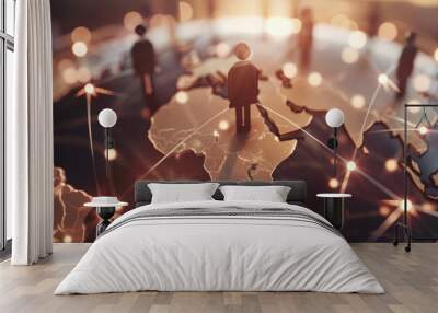 Networked figurines on a lit-up globe representing global connections. Wall mural