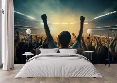 Nighttime Victory Roar: Back View of Euphoric Soccer Fans Cheering in a Packed Stadium. Wall mural