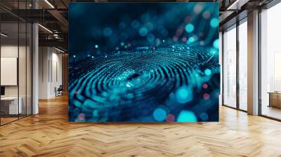 Macro of a fingerprint. Biometric cybersecurity concept. Blue abstract background Wall mural