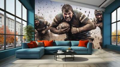 Rugby player in the mud. Sports photography. Generative AI Wall mural