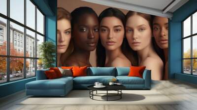 Radiant Beauty: Diverse Group of Women Celebrating Different Skin Types Against a Beige Background. Wall mural