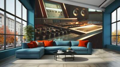 Recording studio gear bathed in ambient red light, poised for creative musical production. Wall mural