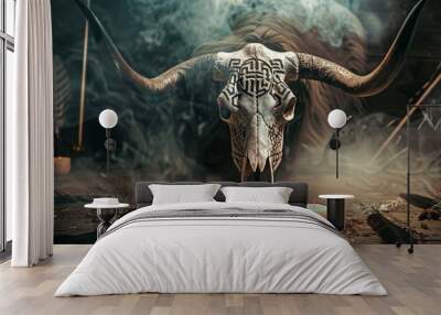 Ritualistic bull skull surrounded by mystical smoke and tribal patterns. Wall mural