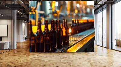 Rows of dark glass bottles smoothly glide along a conveyor in a warmly lit brewery. Wall mural