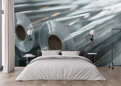 Shiny aluminum rolls with reflection, industry manufacturing theme. Wall mural