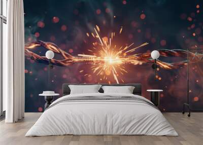 Sparks fly as two copper wires meet, symbolizing connection amidst a backdrop of fiery bokeh. Wall mural