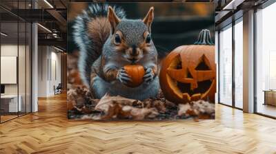 Squirrel and a Halloween pumpkin in autumn park. Wall mural