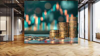 Stacked golden coins rise against a vibrant backdrop of financial charts, symbolizing growth and wealth. Wall mural