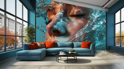 Surreal aqua immersion, a woman's face calm amidst a dynamic splash, embodying serenity and force Wall mural