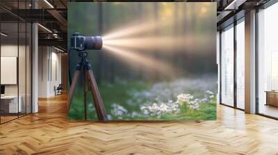 Vintage Camera Creating Pathway of Blossoms in Forest Wall mural