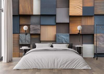 Wall of Varied Wooden Blocks with Stone-Like Texture Wall mural