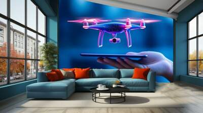 drone with camera emerging from a digital tablet, Digital Aerial Photography Solution and Online Drone Navigation and Filming , Smart Control and Management in Surveillance and Monitoring.
 Wall mural