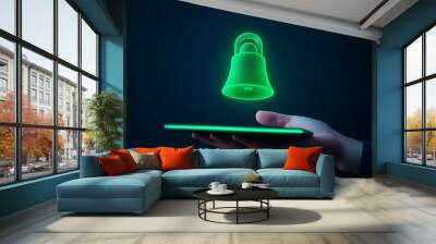 Notification Bell icon emerging from a digital tablet , communication and alert systems, utomated updates, and intelligent reminder systems, smart notification technology.
 Wall mural