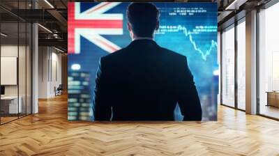 A businessman standing in front of a digital trading platform, economic growth, stock market chart, Australia finance and economy. investment trends global challenges and opportunities.
 Wall mural