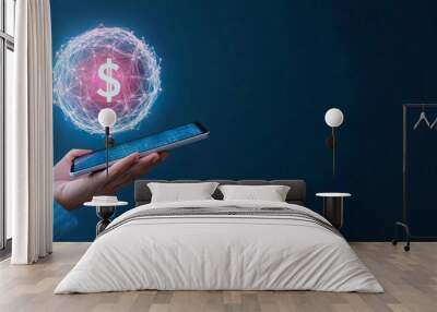 glowing globe with dollar sign emerging from a digital tablet, global money management at their fingertips. economy , evolution of digital banking and financial services. worldwide financial markets. Wall mural