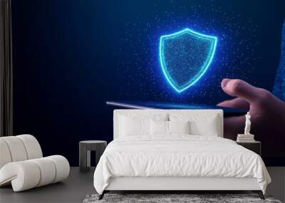 shield icon emerging from a digital tablet. advanced cybersecurity and data protection.smart technology for security and  Cyber Defense, privacy, and digital safeguard. Wall mural