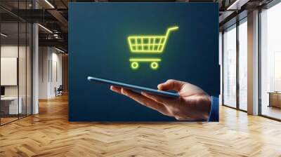 shopping cart icon emerging from a digital tablet. Smart Cart Management and Online Shopping,Virtual Shopping and Payment Processing on E-Commerce Platform, Digital Retail Store and Checkout. Wall mural