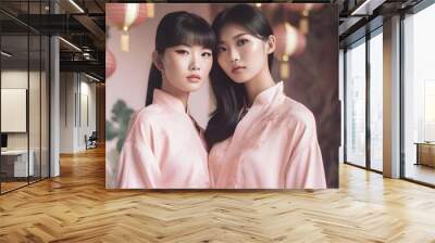 two beautiful asian women in kimono on chinese new year Wall mural