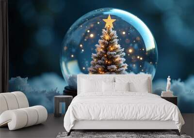 A close-up of a futuristic snow globe, containing a miniature quantum Christmas tree. The tree is illuminated by a mesmerizing light show Wall mural