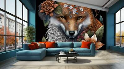 fox with fur made of flowers and leaves, Hyperrealistic Paintings, sharp details Wall mural