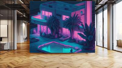 Pink house with pool at night Wall mural