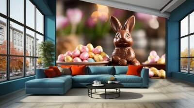 A Chocolate Easter Bunny Sitting on a Table Surrounded by Flowers. A chocolate bunny sitting on a Easter themed table next to some flowers Wall mural