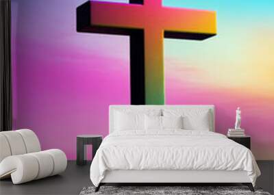 A Vibrant Cross Stands Atop a Mountain Under a Stunning Colorful Sky Wall mural