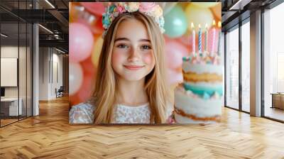 Birthday Girl: A young girl smiles brightly, holding a birthday cake with lit candles, surrounded by pastel balloons, capturing the joy and innocence of childhood celebrations.  Wall mural