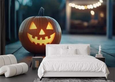 Cheerful Halloween Pumpkin Glowing on Wooden Deck in Evening Light Wall mural