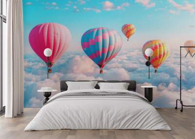 Colourful Balloons Soaring Above Clouds.
Vibrant hot air balloons float over a dreamy cloudscape, inviting adventure. Wall mural