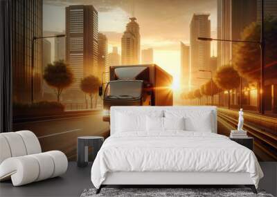 Commercial Truck on City Road at Dawn.
Commercial truck driving in city at dawn. Wall mural