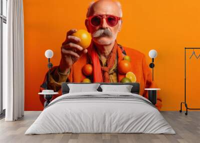 Fictional photo of a man with a moustache holding an orange, wearing a necklace made of oranges and lemons, standing in front of a bright orange background - created with Generative AI technology Wall mural