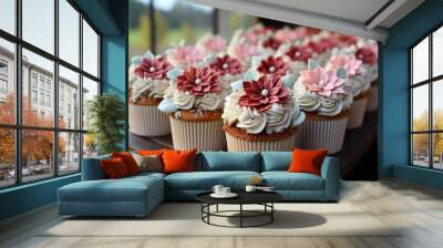 Illustration of a colourful tray of cupcakes decorated with edible flowers created with Generative AI technology Wall mural