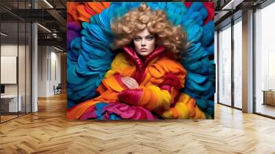 Illustration of a woman wearing a vibrant, abstract form coat, laying against a rainbow feather wall - created by Generative AI created with Generative AI technology Wall mural