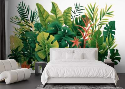 Illustration of lush green tropical foliage and plants in a jungle setting created with Generative AI technology Wall mural