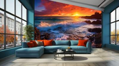 Photo of a breathtaking sunset over the ocean with powerful waves crashing against the rocks created with Generative AI technology Wall mural