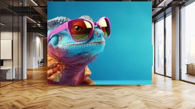 Photo of a chameleon wearing sunglasses against a vibrant blue background created with Generative AI technology Wall mural