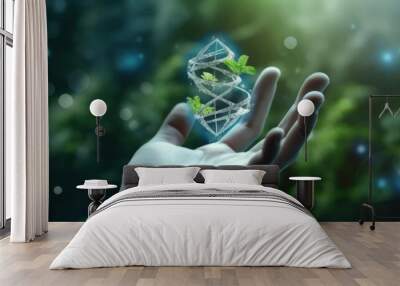 Photo of a person holding a small plant and a DNA Symbol in their hand created with Generative AI technology Wall mural