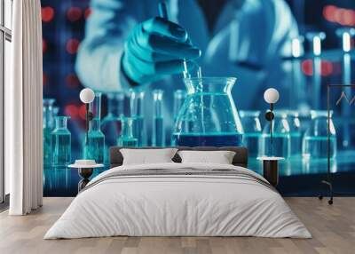 Photo of a scientist holding a beaker with blue liquid in a laboratory created with Generative AI technology Wall mural