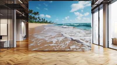 Photo of a tropical paradise with sandy beaches and palm trees created with Generative AI technology Wall mural