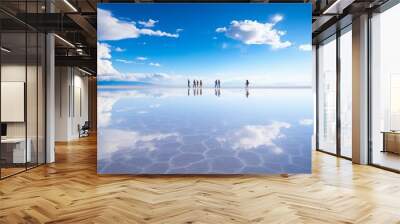 Photo of people standing in the middle of Salar de Uyuni in Bolivia, the worlds largest salt flat. Created with Generative AI technology Wall mural