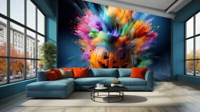 Pumpkin's Colorful Explosion: A carved Halloween pumpkin erupts with a vibrant, multi-colored powder blast, set against a dark background. Wall mural