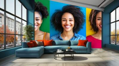 Radiant Smiles Against Vibrant Colors: Three beautiful African American women with bright smiles stand against a backdrop of vivid green, blue and yellow.  Wall mural