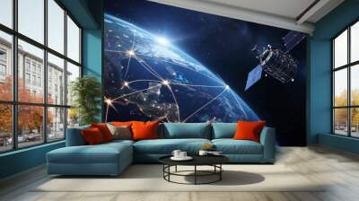 Satellite Orbiting Digital Earth Network.
A satellite orbiting Earth with a digital network overlay. Wall mural