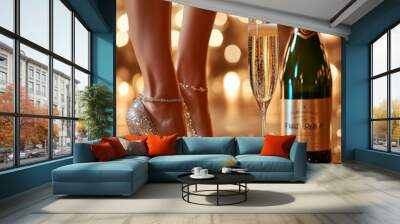 Sparkling Celebration: A glamorous close-up of a woman's legs in sparkling heels, a bottle of champagne, and a glass, all set against a backdrop of shimmering lights. Wall mural