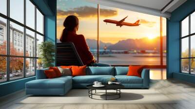 Sunset Departure: A woman sits in an airport terminal, watching a plane take off against a vibrant sunset. A poignant image of travel, departures, and the bittersweet feeling of journeys.  Wall mural