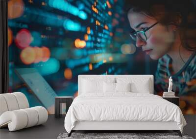 Woman with Digital Interface Overlay.
Tech-focused woman with a digital code overlay at night. Wall mural