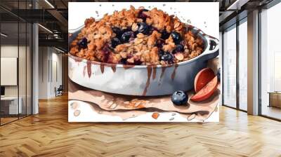 Watercolor illustration of a homemade blueberry crumble pie in a baking dish Wall mural