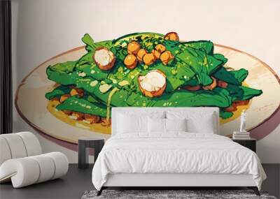 Illustration of Delicious Food on a Plate, Yummy Food Concept Wall mural